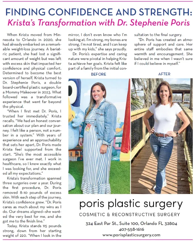 A magazine feature, “Finding Confidence and Strength: Krista’s Transformation with Dr. Stephenie Poris”, about a patient’s mommy makeover after bariatric weight loss.